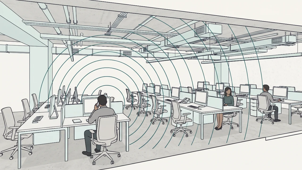 Cutaway of an open-plan office: one person on a phone call, the sound carrying unobstructed across three banks of desks beneath a bare, untreated ceiling.