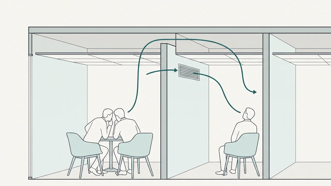 Cutaway of two adjacent meeting rooms: the partition stops at the ceiling tile, so speech travels over it through the open plenum and again through a shared return air grille.