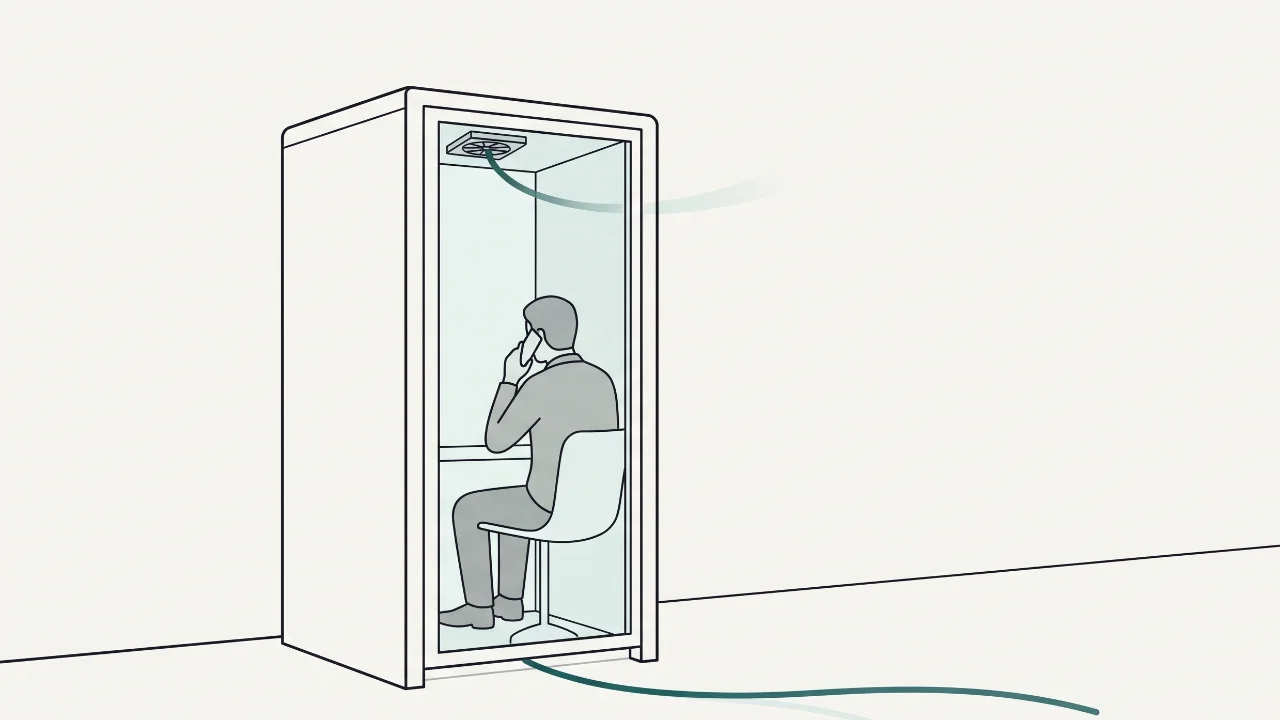 A phone booth on an open floor, with sound escaping through the gap beneath the door and through the ventilation fan above it.