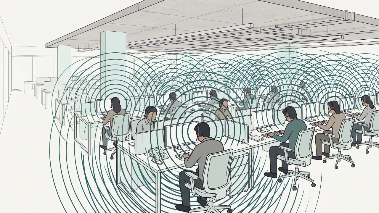 A dense call floor where overlapping speech from every desk fills the whole space beneath an untreated ceiling.
